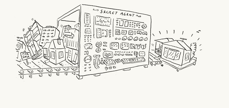 An animated cartoon in four parts. A large machine labelled Secret Agent, its front face covered in dials and switches, takes a conveyor belt of jumbled houses in at the left — one carrying a For Sale sign — and delivers a single house at the right. A couple appears beside the input and the hand-lettered caption reads ‘The possibilities go in here…’. They move to the controls: ‘…we decode them here…’. They arrive beside the finished house, one of them gesturing towards it: ‘…and your dream property appears!’