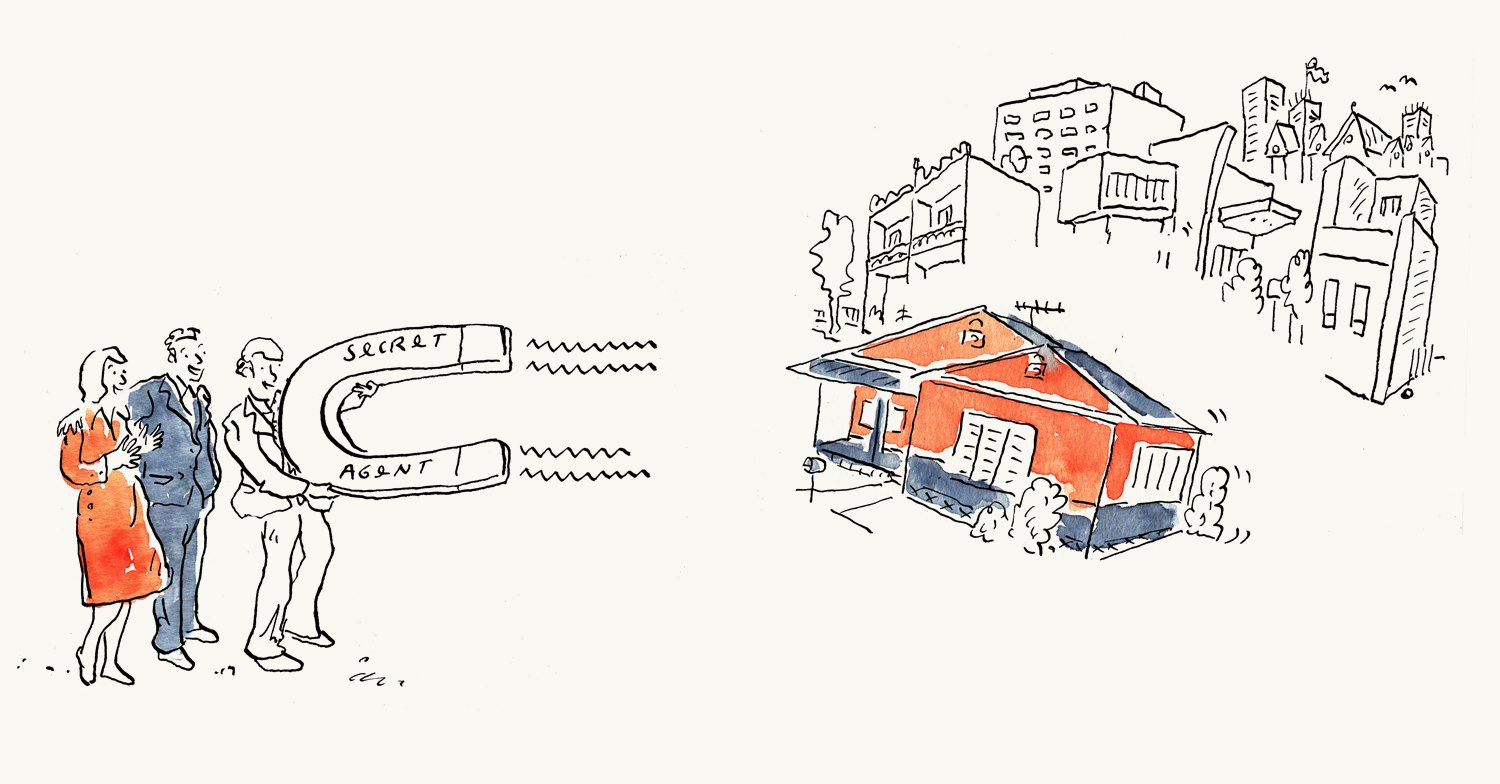 A couple watches as a Secret Agent employee holds a giant horseshoe magnet labelled Secret Agent, drawing a house out of a cityscape